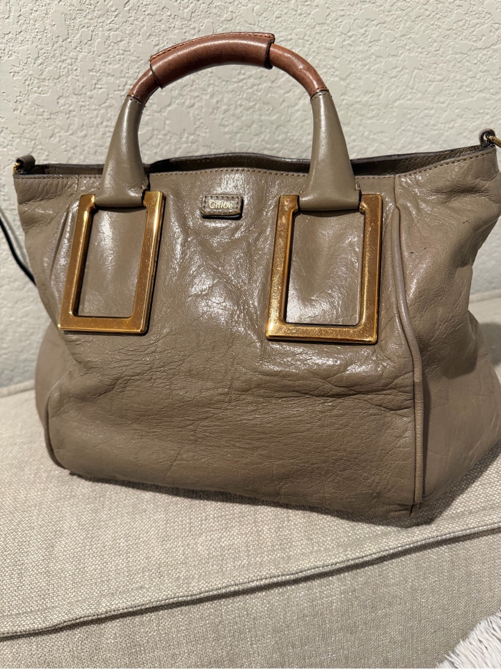 Chloe Taupe Leather Top-Handle Satchel with Gold Hardware